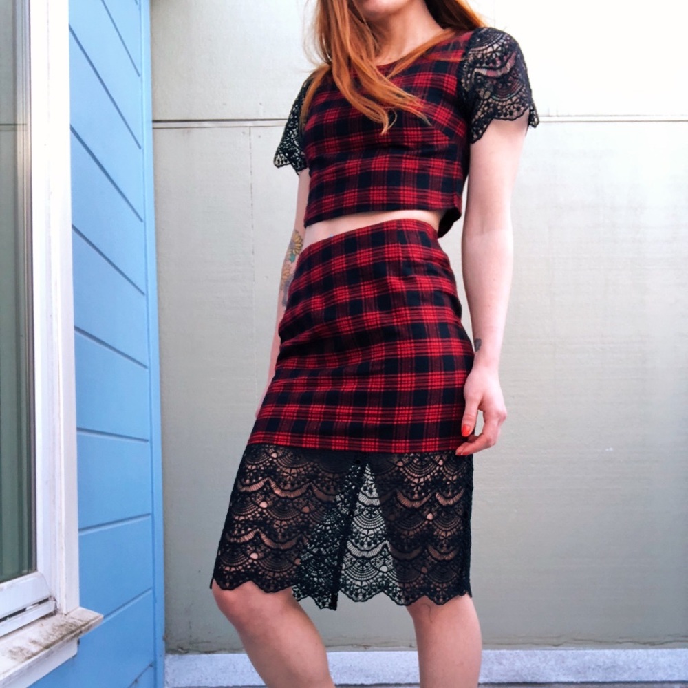 Tobi Two-Piece Plaid Lace Skirt & Top Set